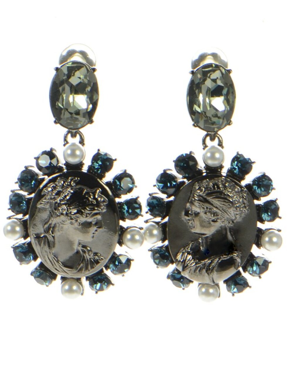 Vintage Oscar de la Renta Gunmetal Crystal Bold Cameo Drop Earrings